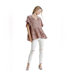 Umgee Dalmatian Print Tiered High Low Top Blouse in Rose Size Small‎ Relaxed Fit